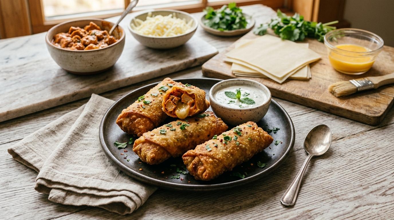 Crispy butter chicken eggrolls stuffed with mozzarella, served with cilantro garnish