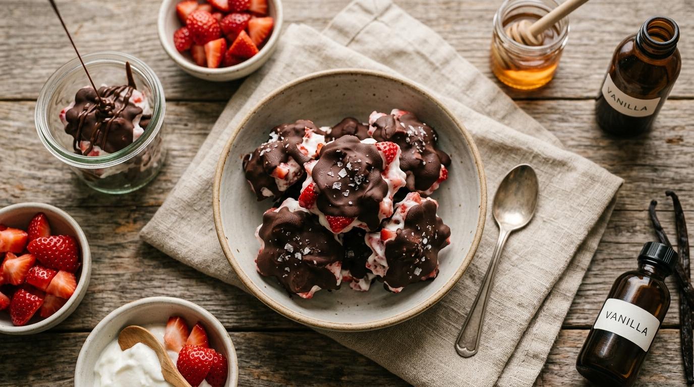 Chocolate strawberry yogurt clusters coated in chocolate on parchment paper