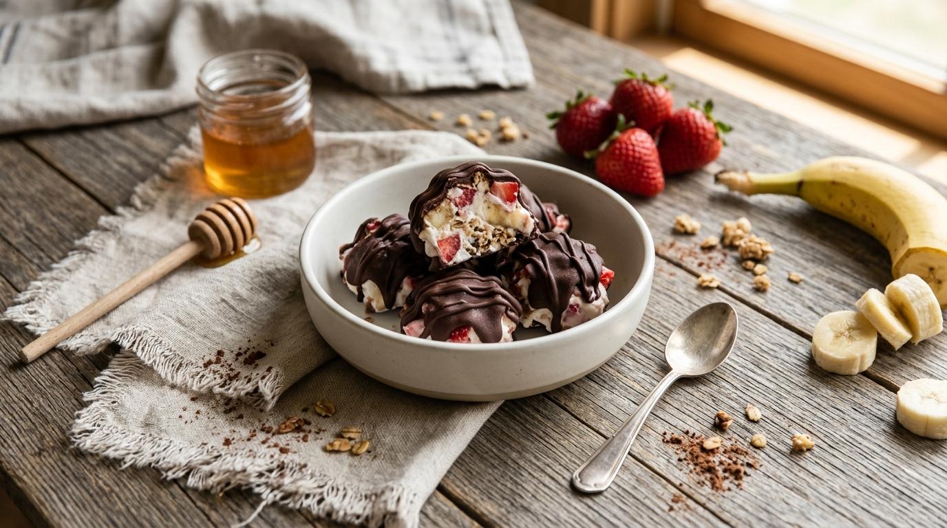 Chocolate strawberry banana yogurt clusters coated in dark chocolate and peanuts