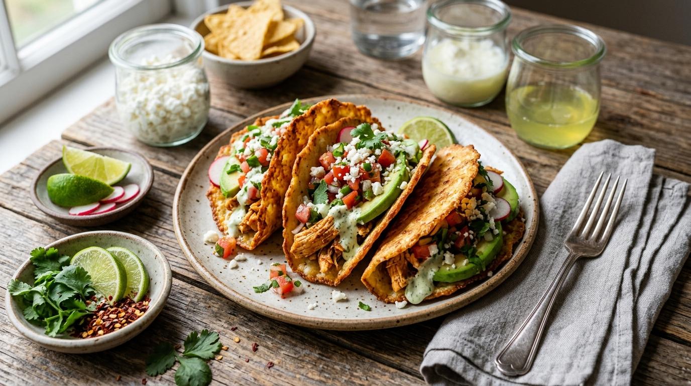 Crispy high-protein cottage cheese taco shells topped with eggs, bacon, and arugula