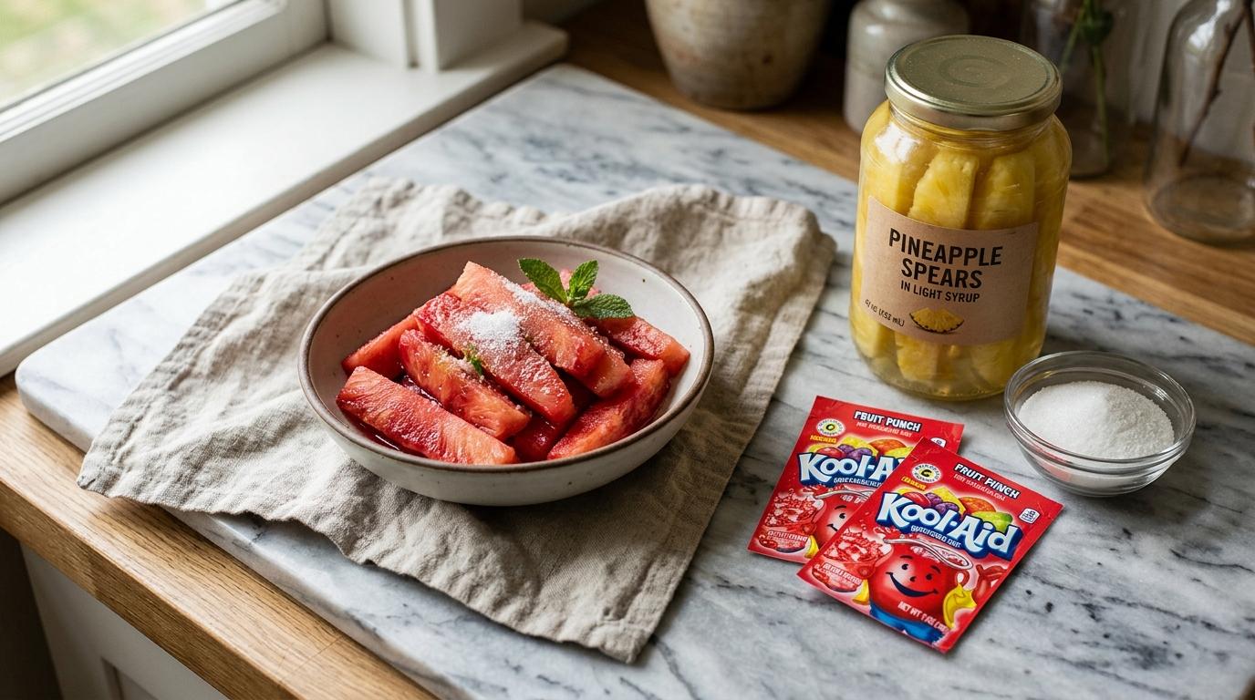 Bright red Kool-Aid pineapple spears in a glass jar, viral TikTok snack recipe