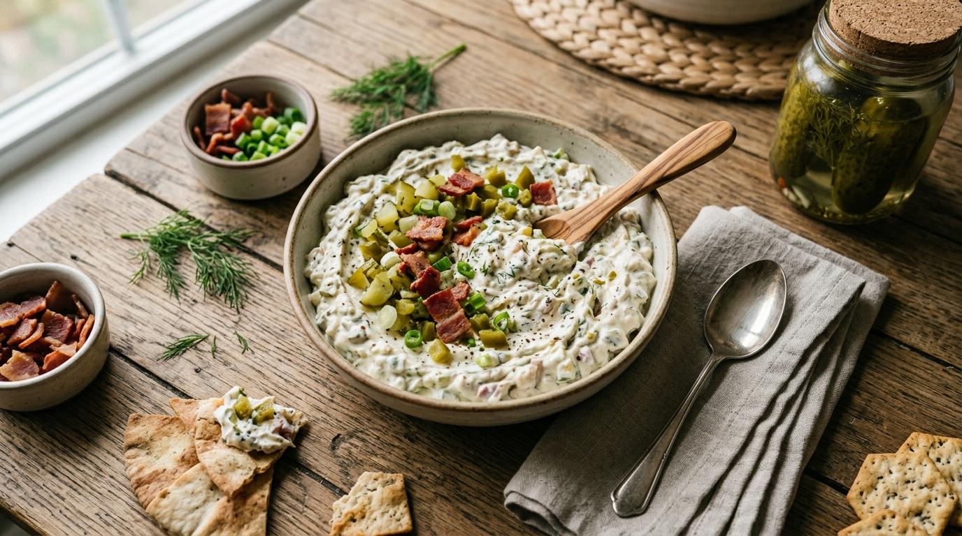 Creamy viral pickle dip with bacon and cheddar served in a jar with chips