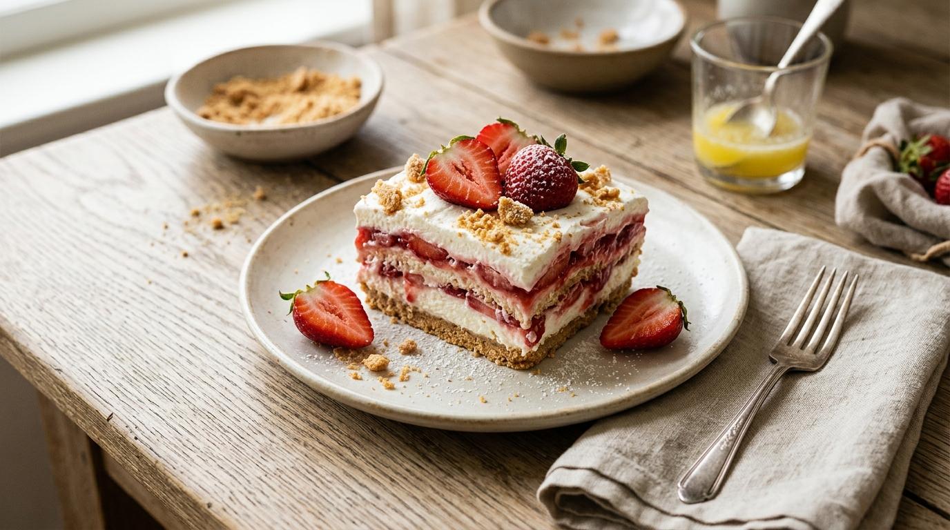Sliced no-bake strawberry lasagna showing creamy layers and fresh berries