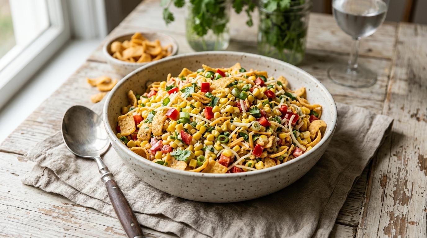 Creamy Frito corn salad topped with crushed chili cheese corn chips and cilantro