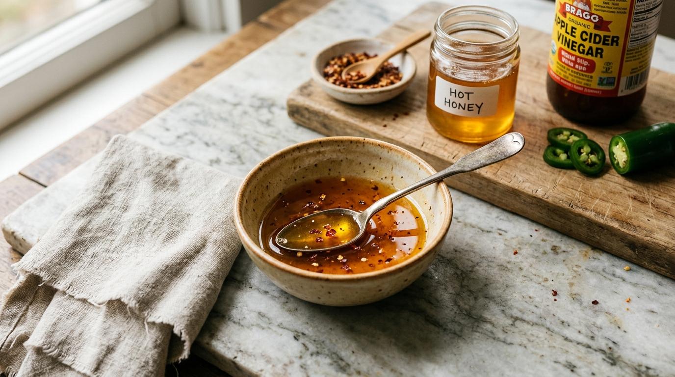 Jar of homemade hot honey with red pepper flakes being drizzled onto food