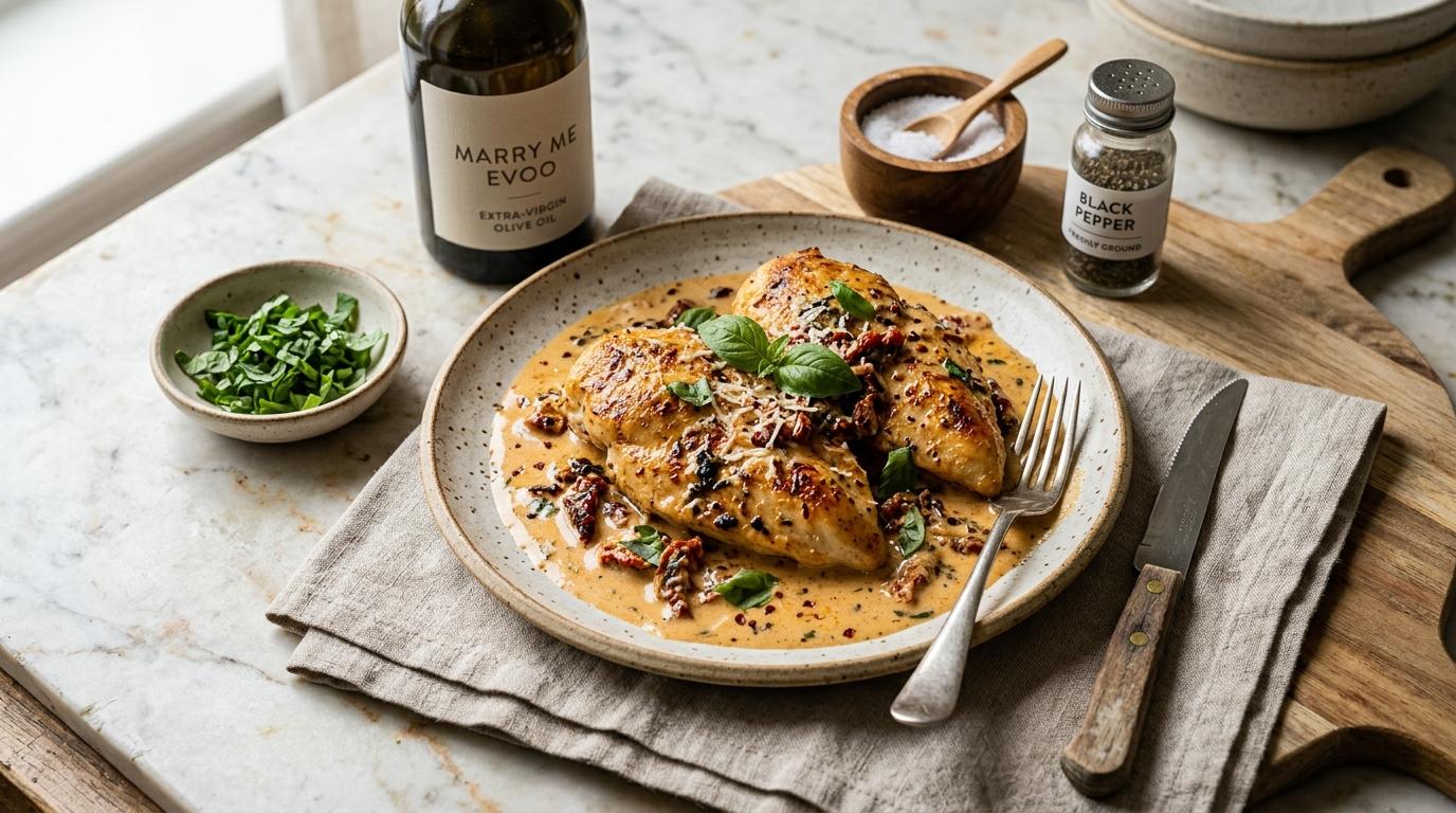Marry Me Chicken in creamy sun-dried tomato Parmesan sauce with fresh basil