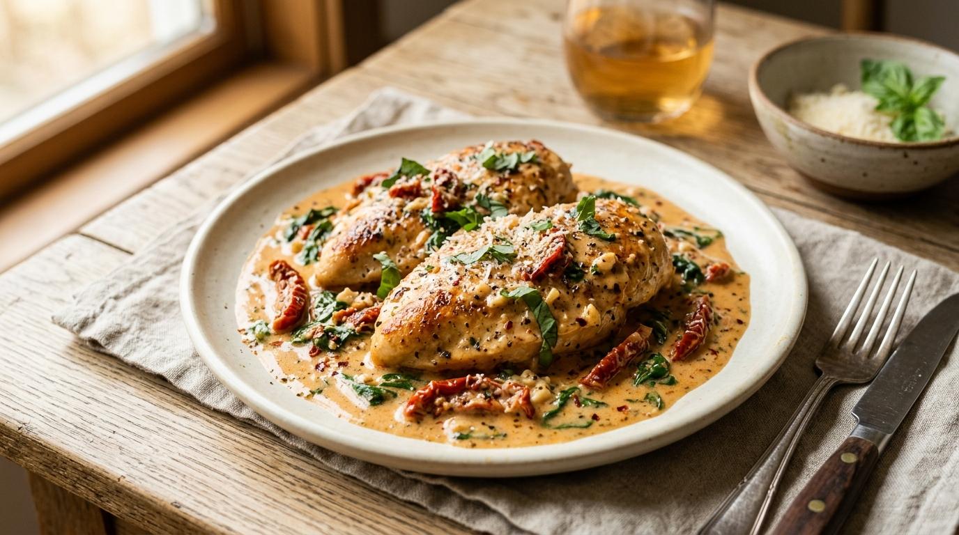 Creamy Marry Me Chicken with sun-dried tomatoes and basil in a skillet