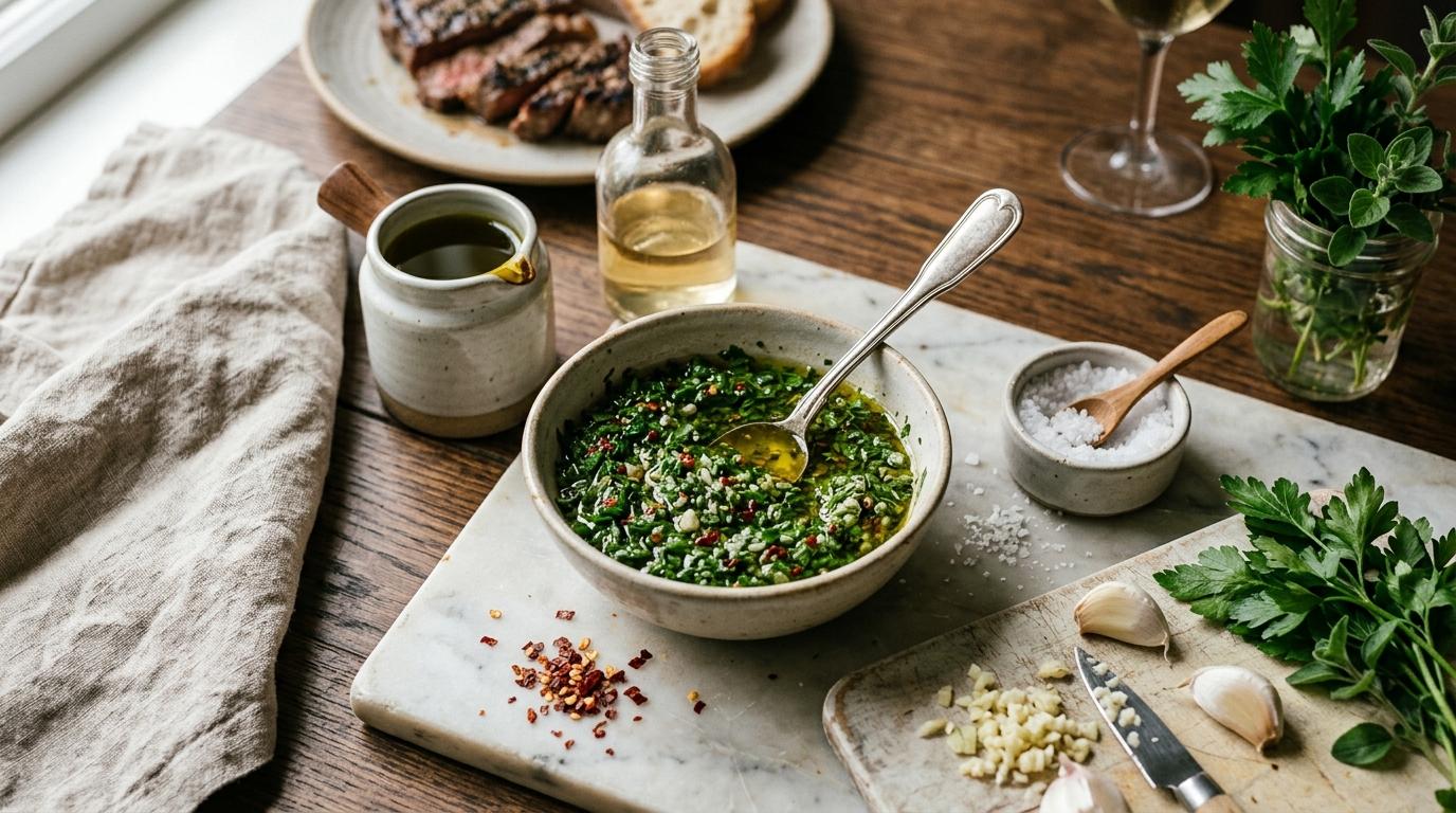 Fresh chimichurri sauce with parsley, garlic, and olive oil in a bowl
