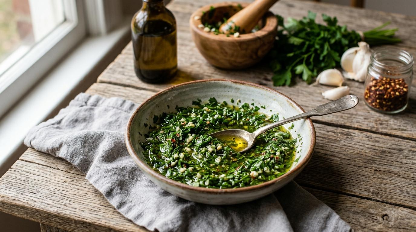 Bowl of authentic chimichurri sauce with parsley, garlic, and red chili