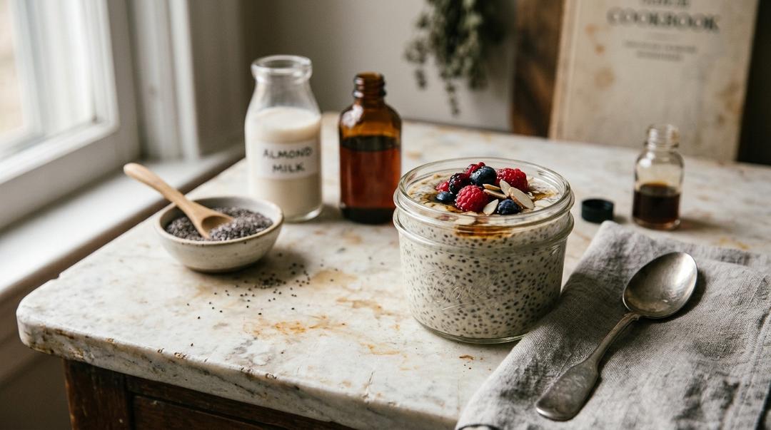 Creamy overnight chia seed pudding topped with fresh berries in a glass jar