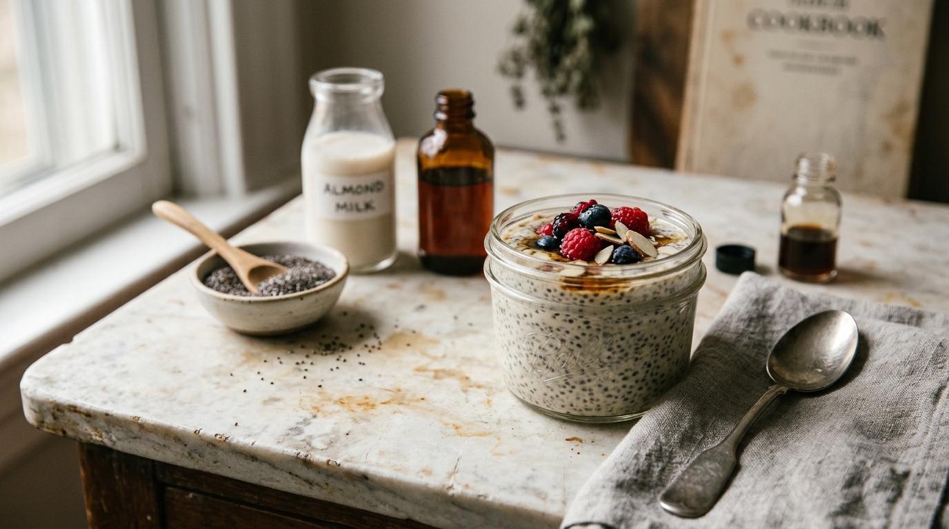 Creamy overnight chia seed pudding topped with fresh berries in a glass jar