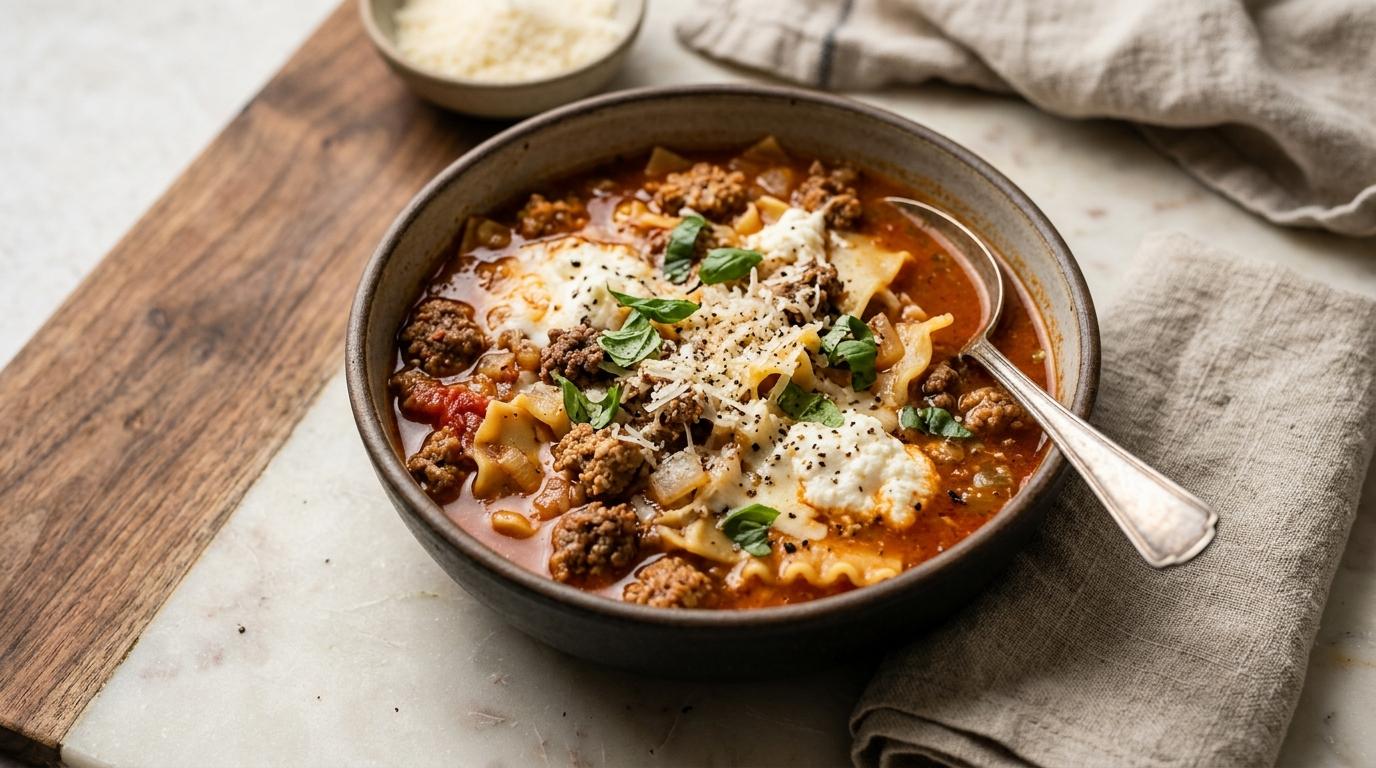 Bowl of lasagna soup with melted cheese topping and fresh basil garnish