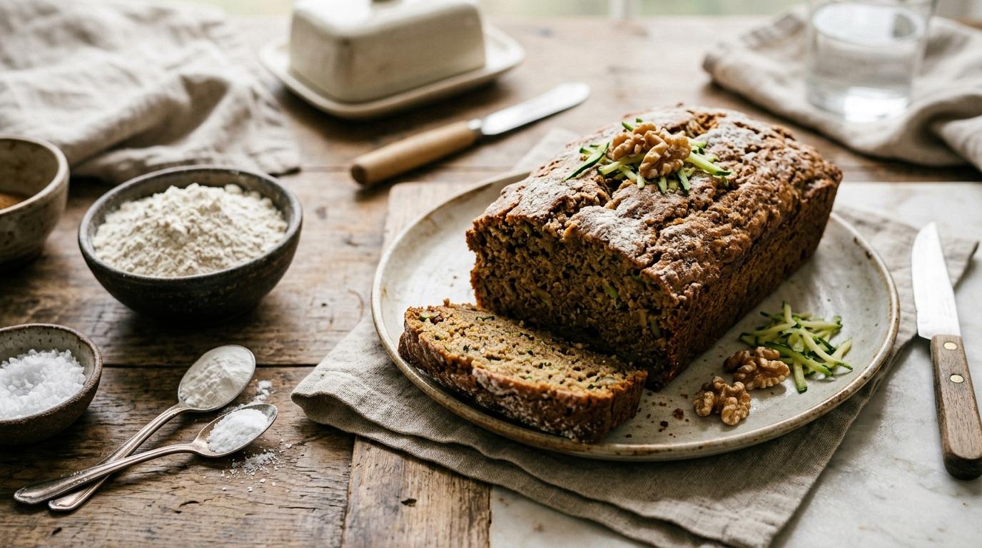 Moist spiced zucchini bread loaf sliced on a wooden cutting board