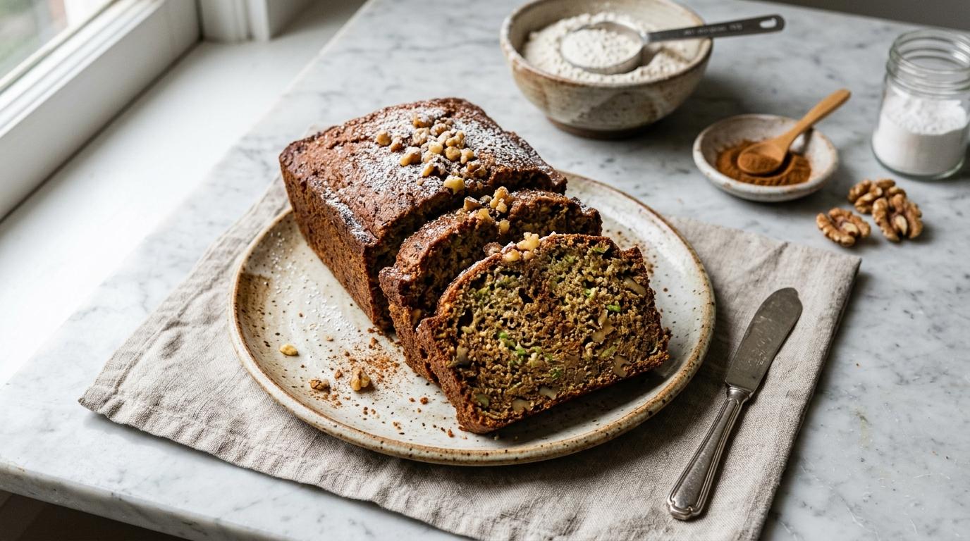 Sliced loaf of moist zucchini bread with brown sugar crumb