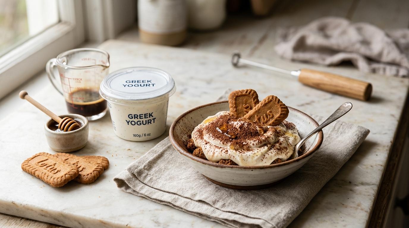 Tiramisu Greek yogurt in a jar topped with cocoa powder and Lotus biscuits