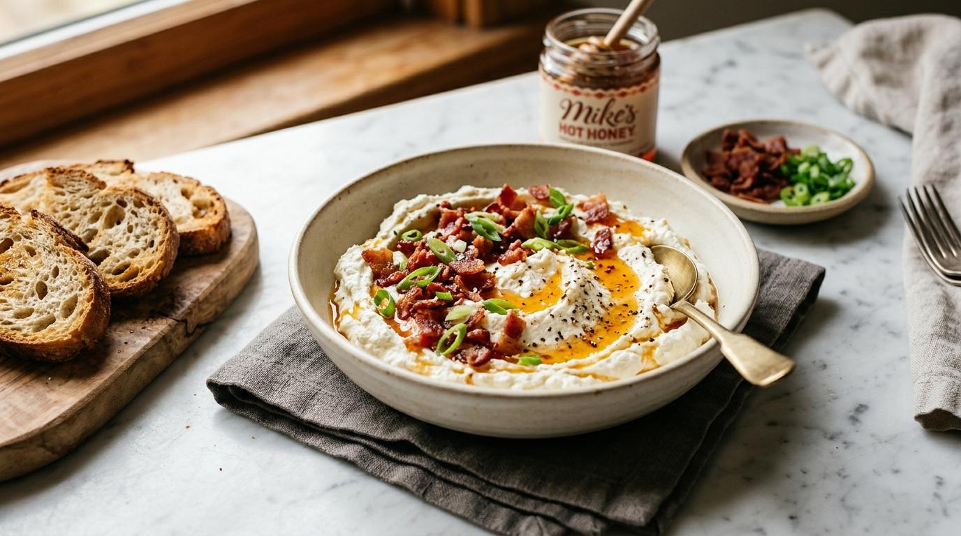 Whipped goat cheese dip drizzled with hot honey and topped with crispy bacon