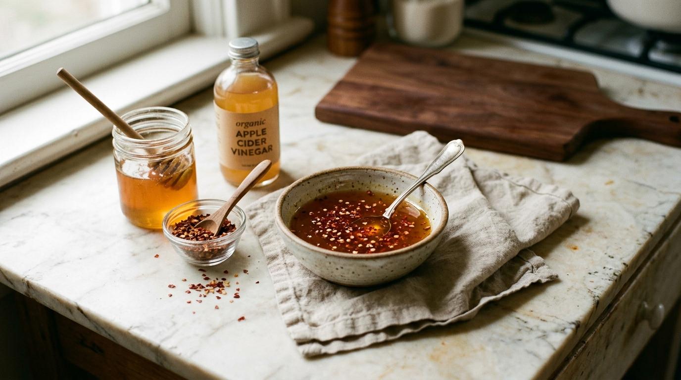 A glass jar of homemade hot honey with red pepper flakes being drizzled over pizza