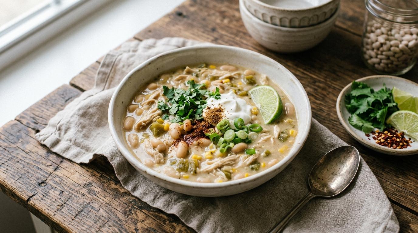 Creamy white chicken chili in a bowl topped with avocado, cheese, and cilantro