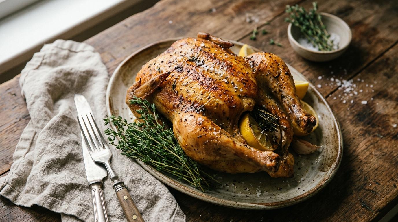 Golden roasted whole chicken surrounded by caramelized carrots, onions, and fennel in a roasting pan