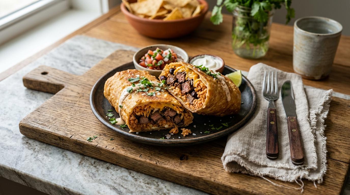 Crispy fried carne asada burrito sliced open showing steak, cheese, and rice filling