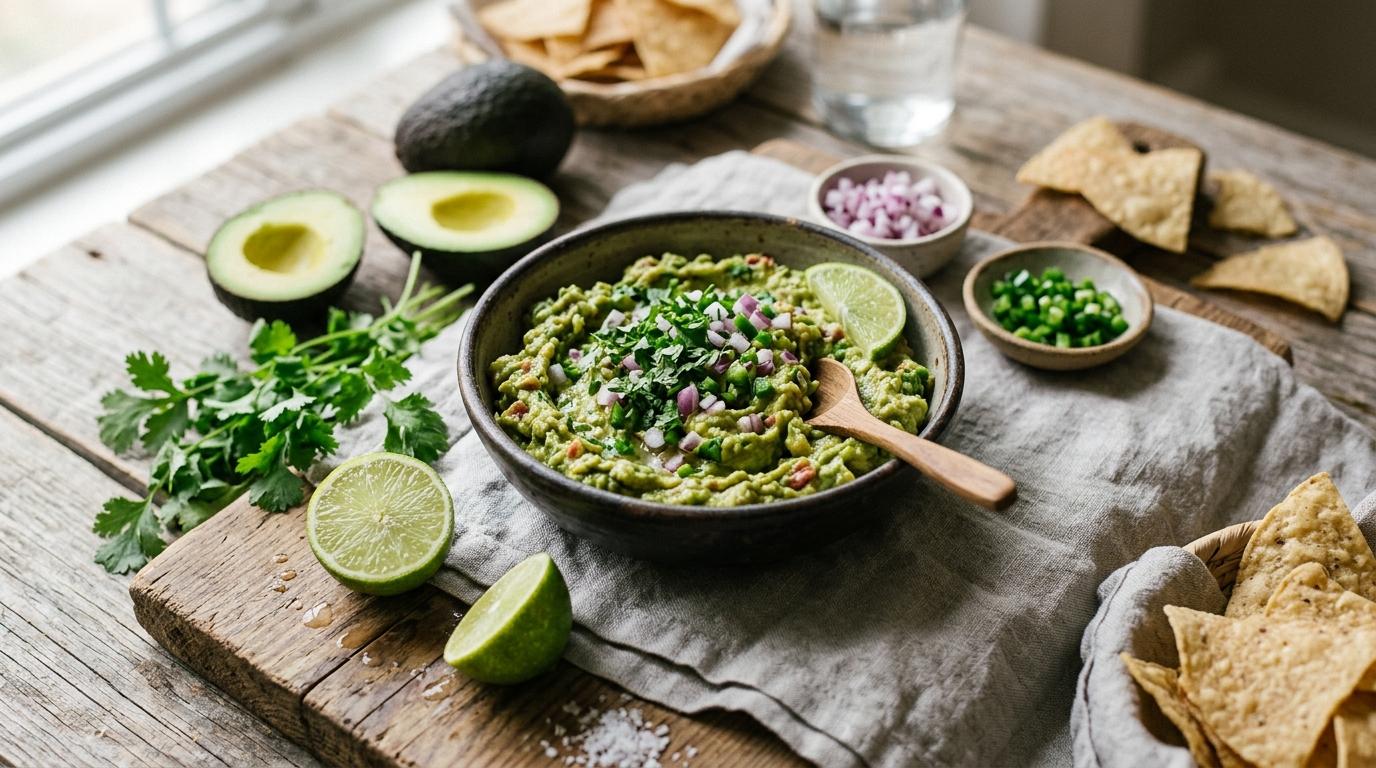 Bowl of fresh homemade guacamole with lime, cilantro, and tortilla chips