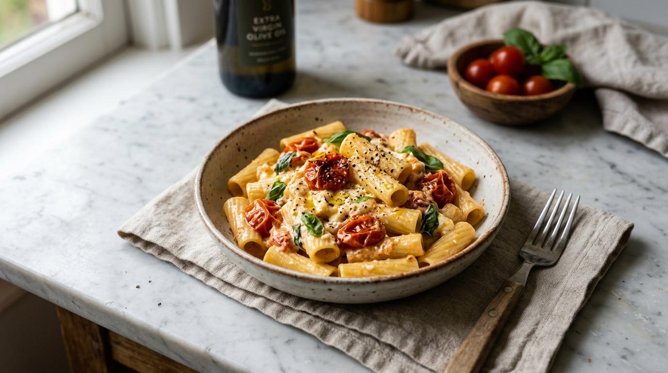 Baked feta pasta with roasted cherry tomatoes and fresh herbs in a white dish