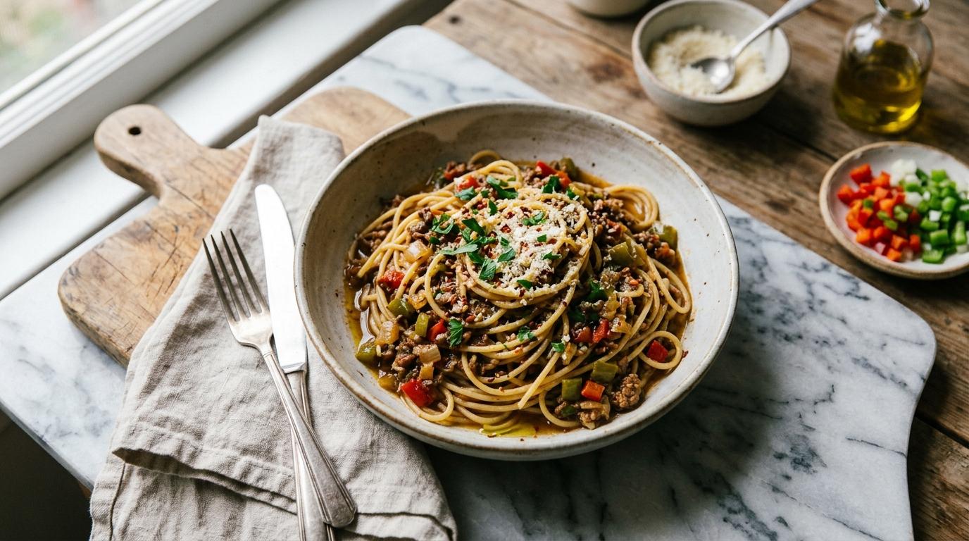Skillet of Viral Dirty Spaghetti coated in thick beefy tomato sauce