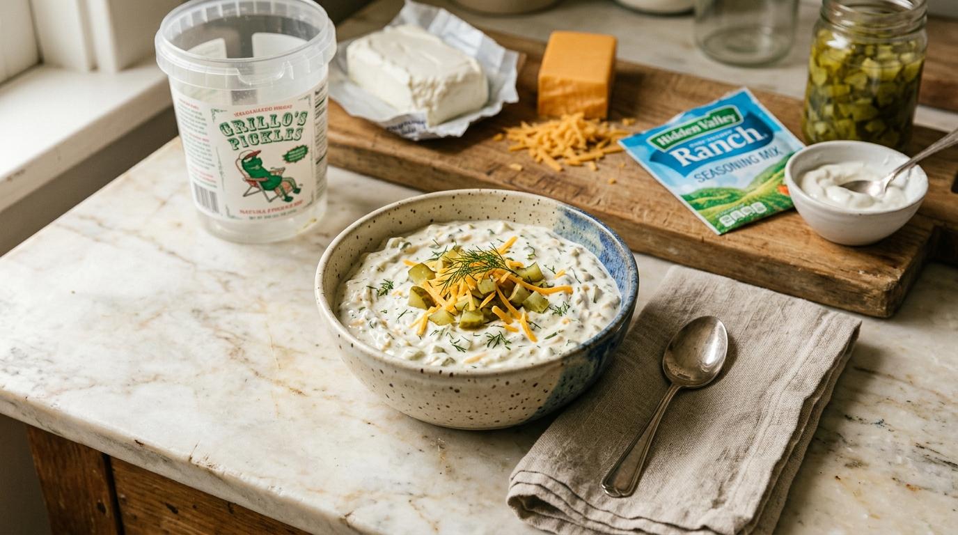 Creamy Grillo's pickle dip with bacon and cheddar in a serving bowl
