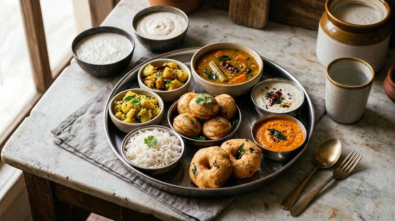 South Indian meal platter with paniyaram, vada, dosa, and sambar