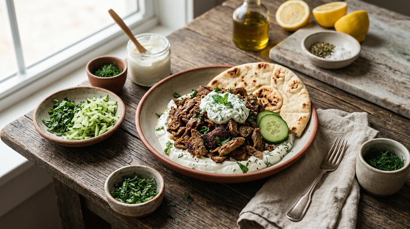 Crispy lamb and beef gyro meat piled in warm pita with tzatziki, tomato, and feta