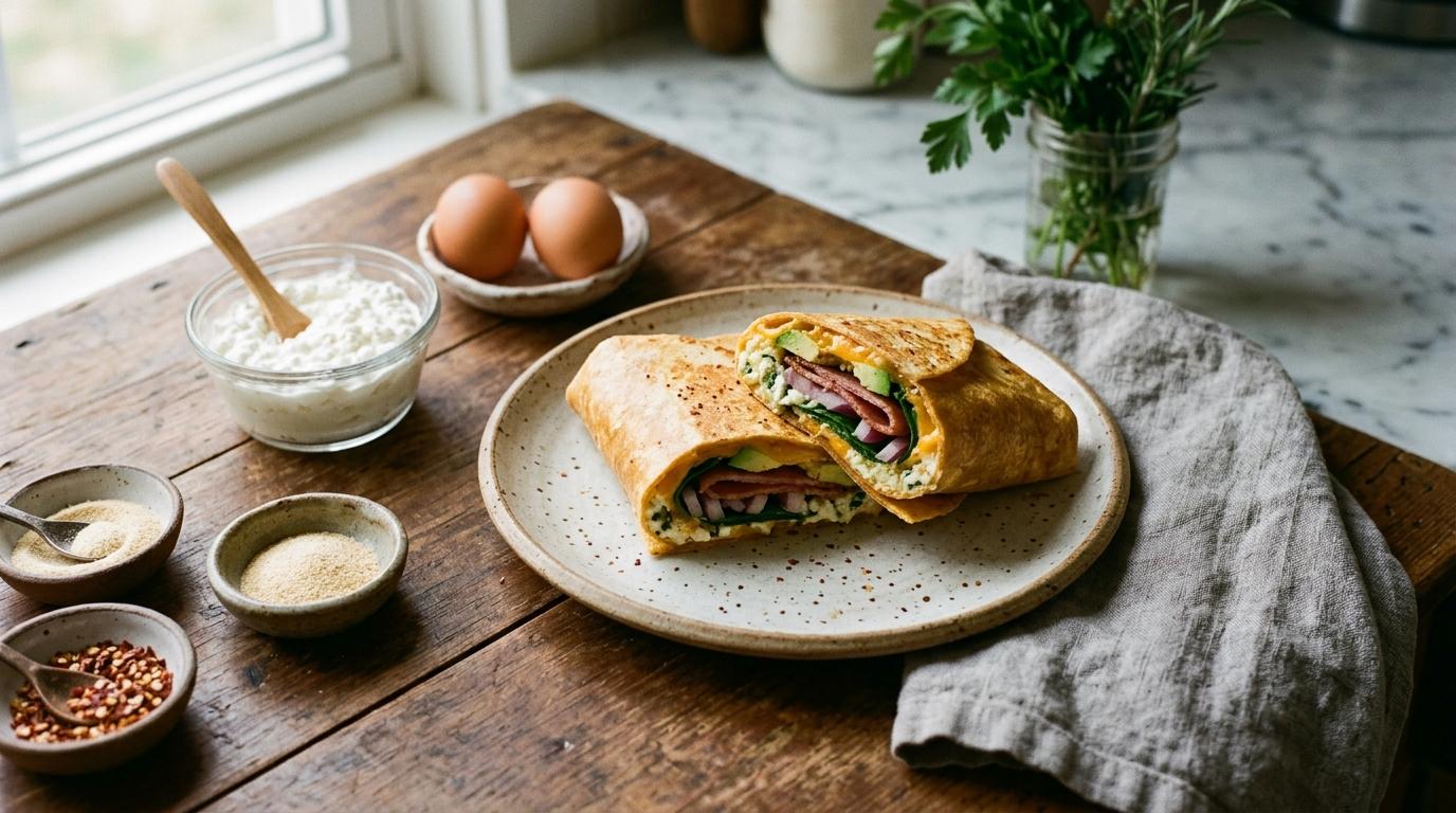Golden cottage cheese wrap made from eggs and cottage cheese, folded with fresh fillings