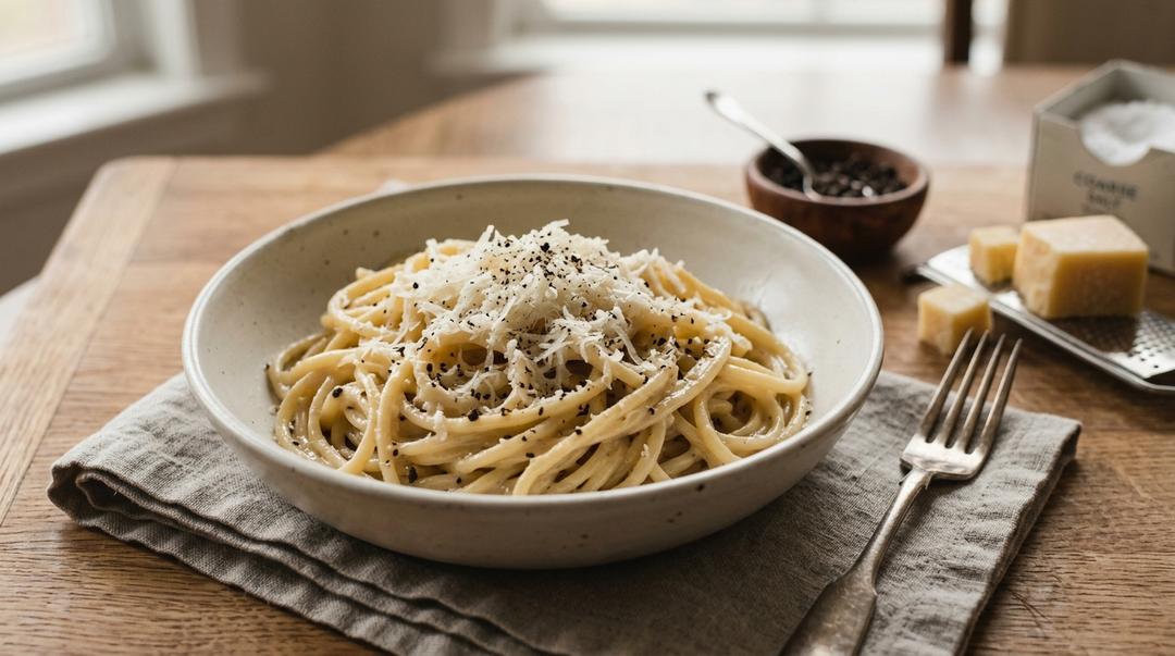 Bowl of cacio e pepe pasta coated in creamy Pecorino Romano and black pepper sauce