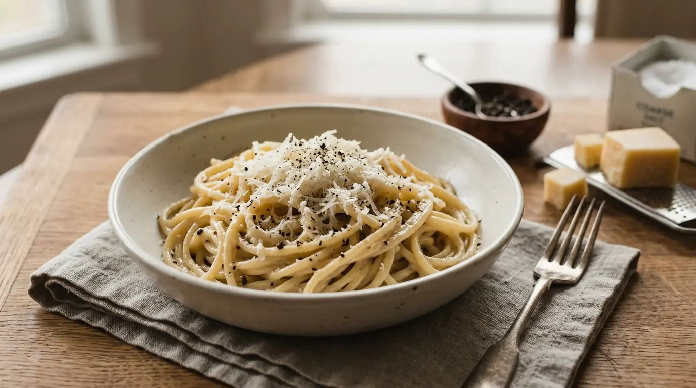 Bowl of cacio e pepe pasta coated in creamy Pecorino Romano and black pepper sauce