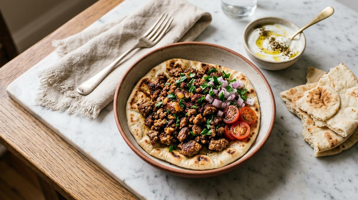 Crispy beef shawarma wrap with garlic sauce, sumac onions, and fries