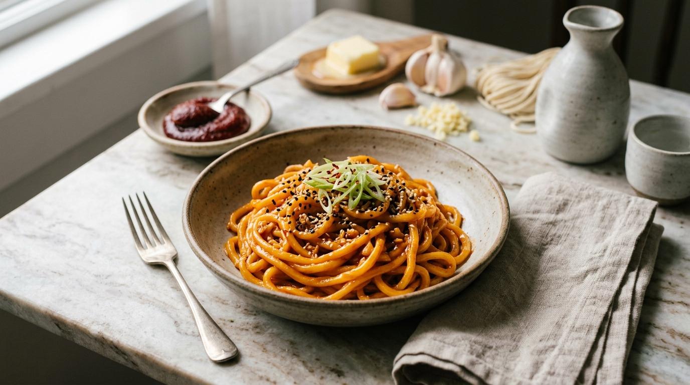 Bowl of gochujang buttered noodles topped with cilantro and sesame seeds