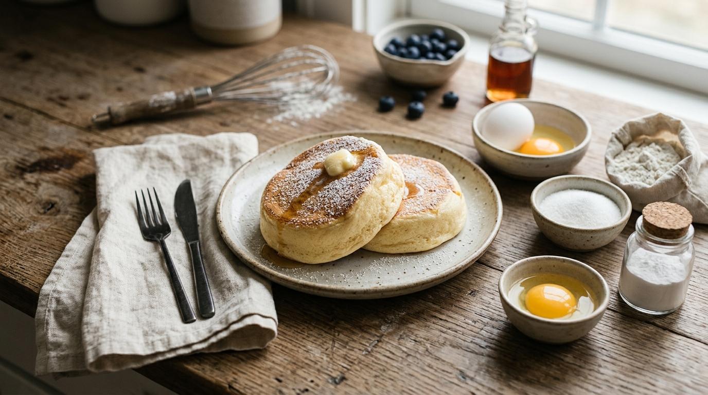 Tall, fluffy Japanese souffle pancakes topped with powdered sugar and berries
