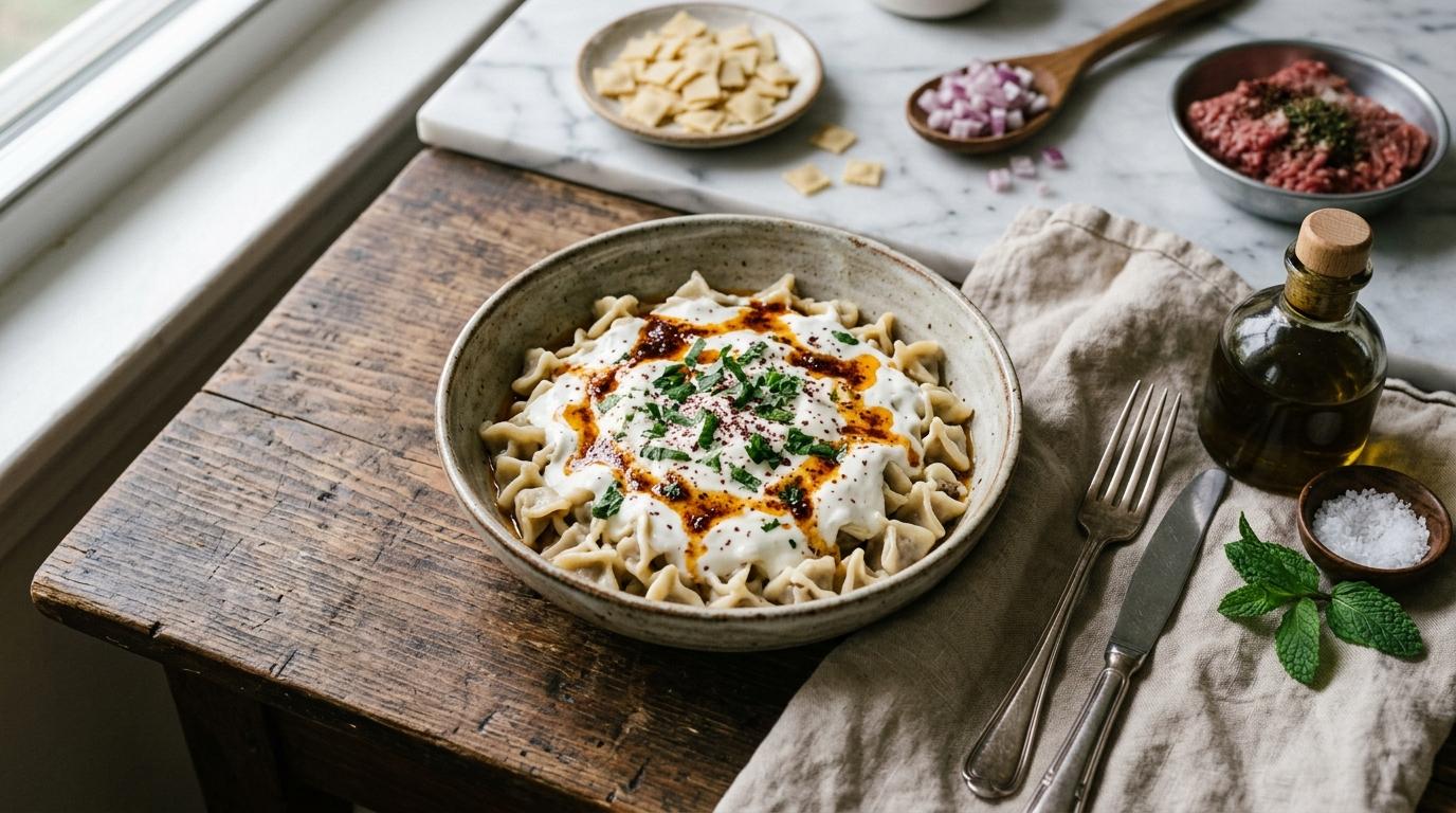 Turkish pasta topped with garlic yogurt sauce, spiced ground beef, and paprika butter