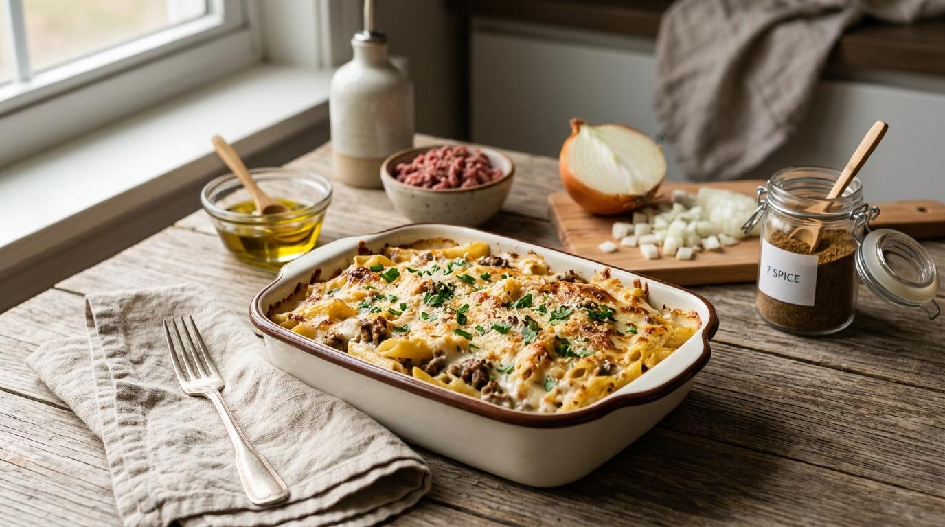 Baked Macarona Bechamel casserole with golden cheese and spiced meat sauce layers