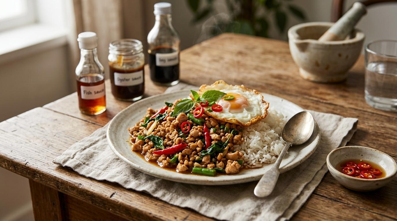 Thai pad kra pao holy basil stir fry served over jasmine rice with a fried egg