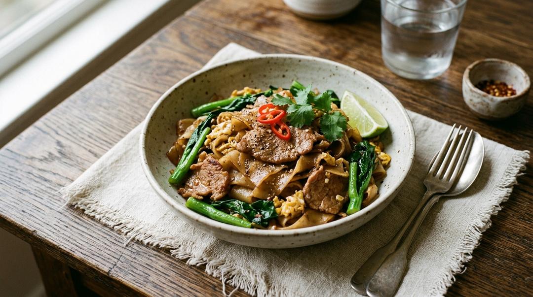 Authentic Thai pad see ew with charred wide rice noodles, egg, and Chinese broccoli in a wok