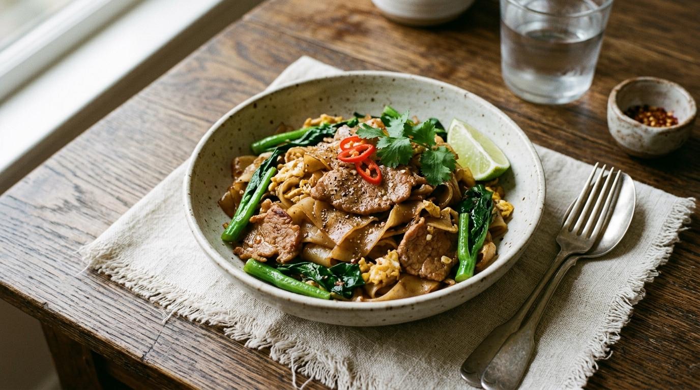 Authentic Thai pad see ew with charred wide rice noodles, egg, and Chinese broccoli in a wok