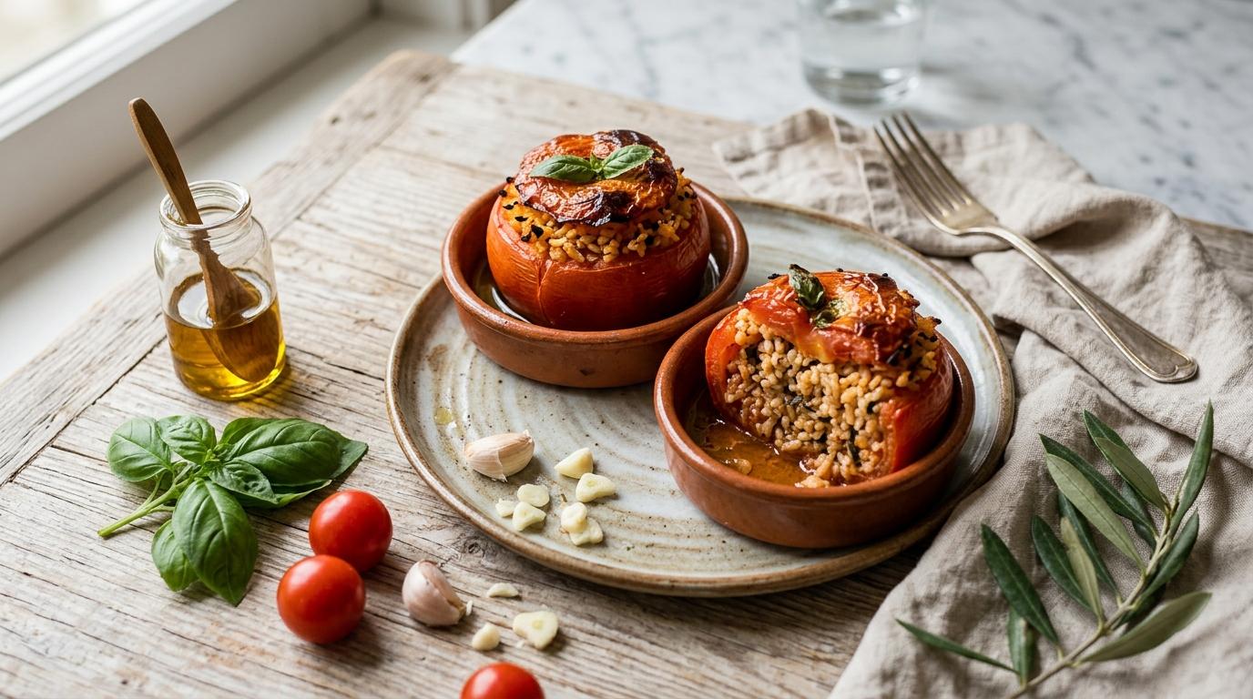 Baked Italian tomatoes stuffed with herbed rice, garnished with Parmesan cheese