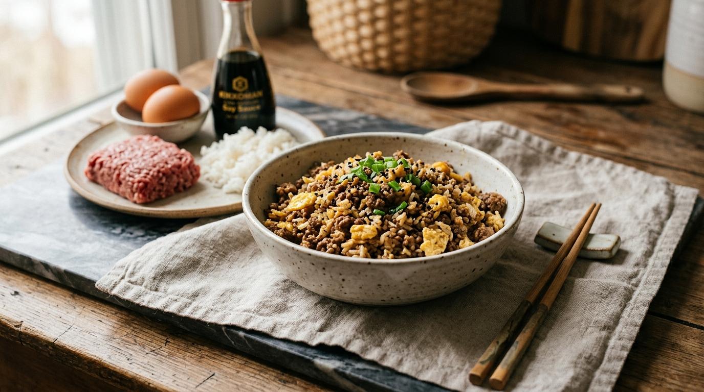 Skillet of boy kibble with ground beef, rice, scrambled egg, and soy sauce
