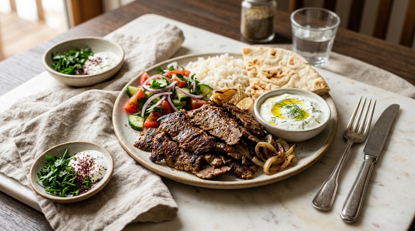 Sliced oven-baked doner kebab meat served in warm pita with vegetables