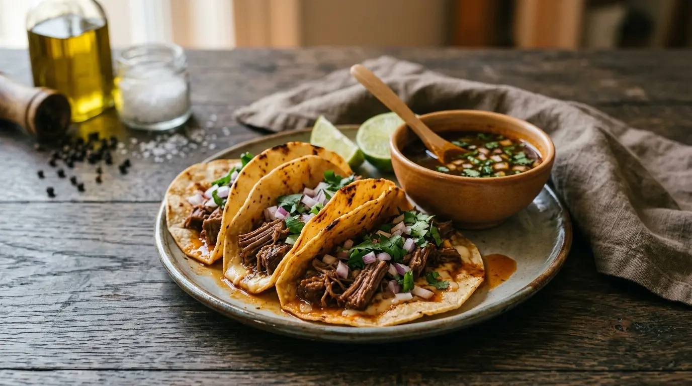 Crispy birria tacos with melted cheese and shredded beef, served with consomé