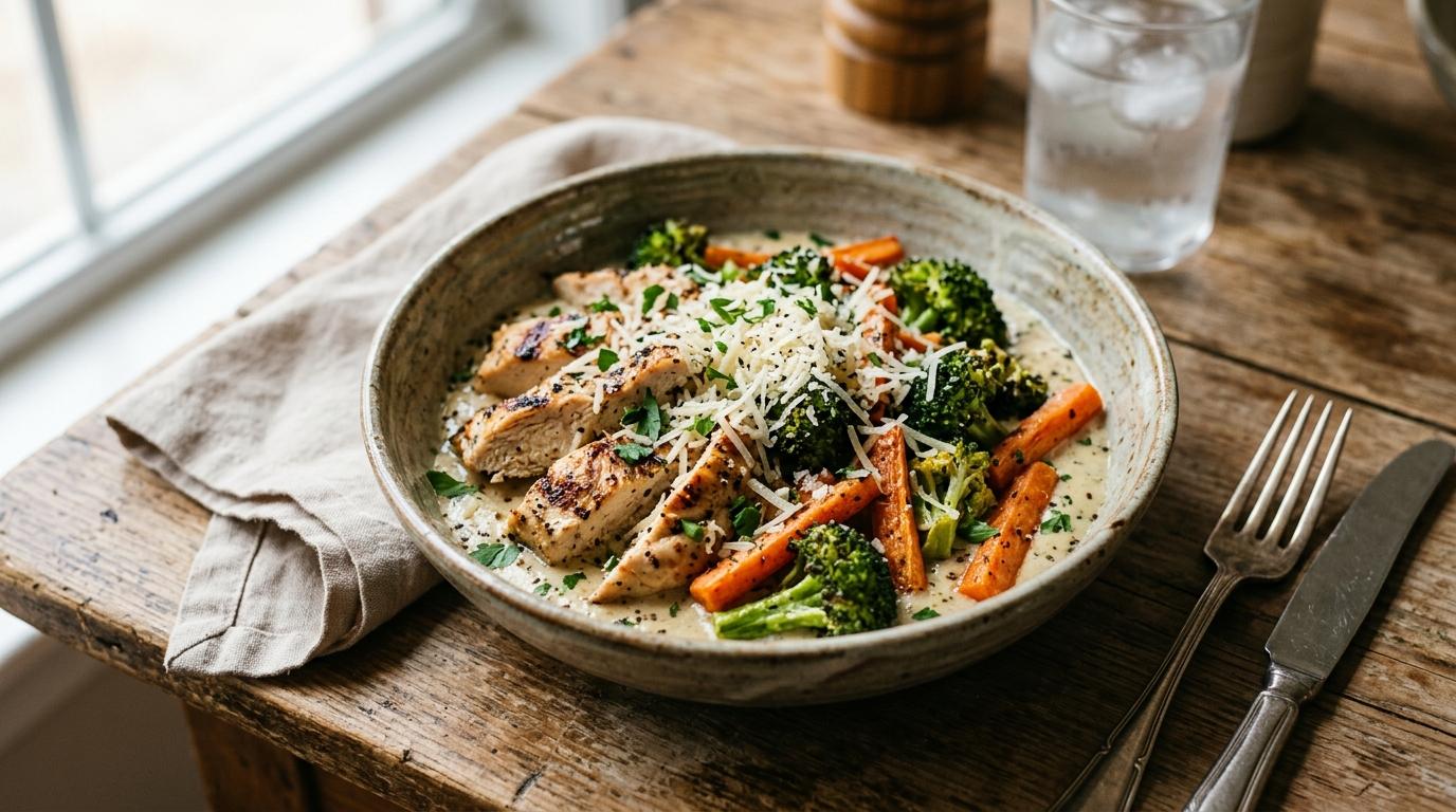 High-protein comfort bowl with shredded carrots, broccoli, parmesan, quinoa, and chicken