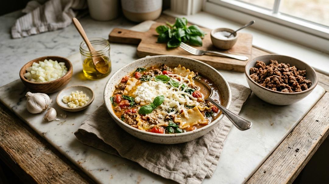 Bowl of high-protein lasagna soup topped with ricotta, mozzarella, and fresh basil