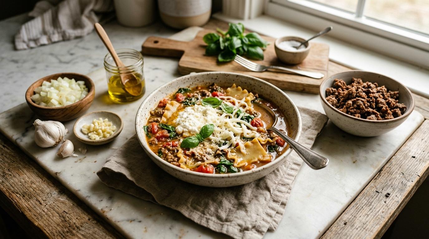 Bowl of high-protein lasagna soup topped with ricotta, mozzarella, and fresh basil