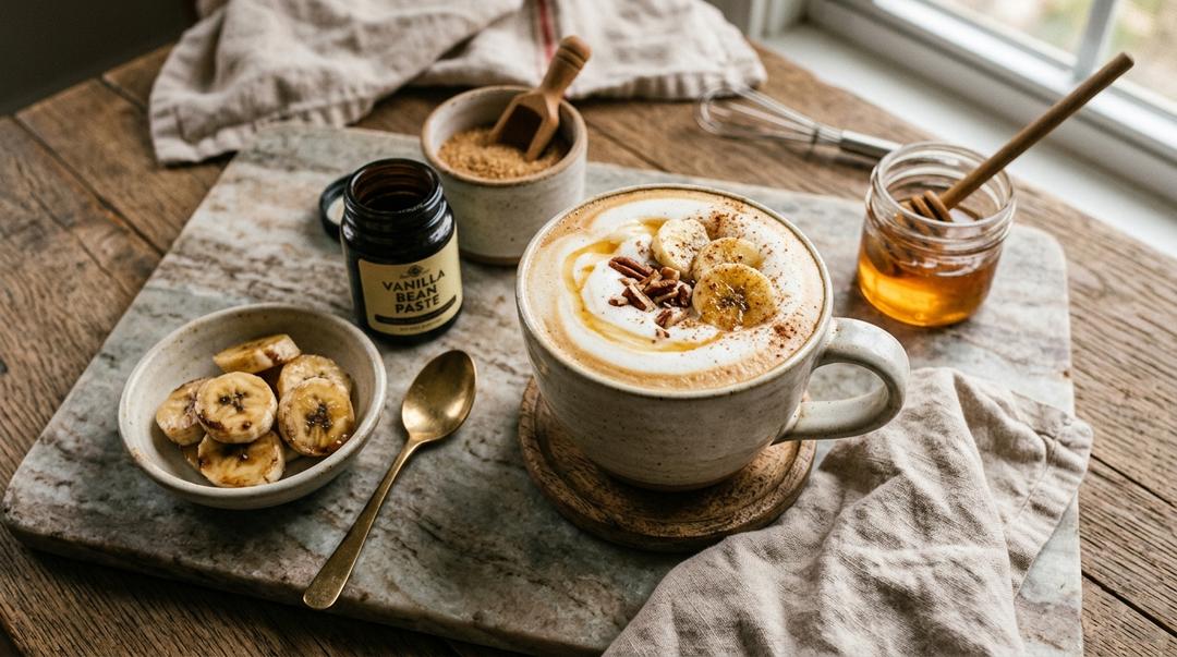Banana bread latte topped with cinnamon and homemade banana syrup drizzle