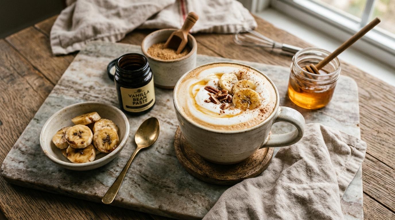 Banana bread latte topped with cinnamon and homemade banana syrup drizzle